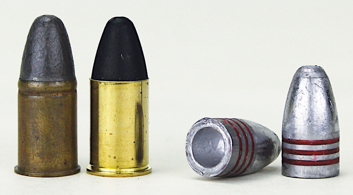 Left to right, original and modern Fiocchi 455 Webley cartridges. A hollowbase ensures that the combination of a long bullet in a short case keeps pressure low enough for the comparatively weak top-break revolver action.